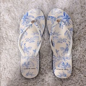 Tory Burch sandals, blue and white with gold.